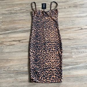 Leopard Print Strappy Cup Detail Midi Dress